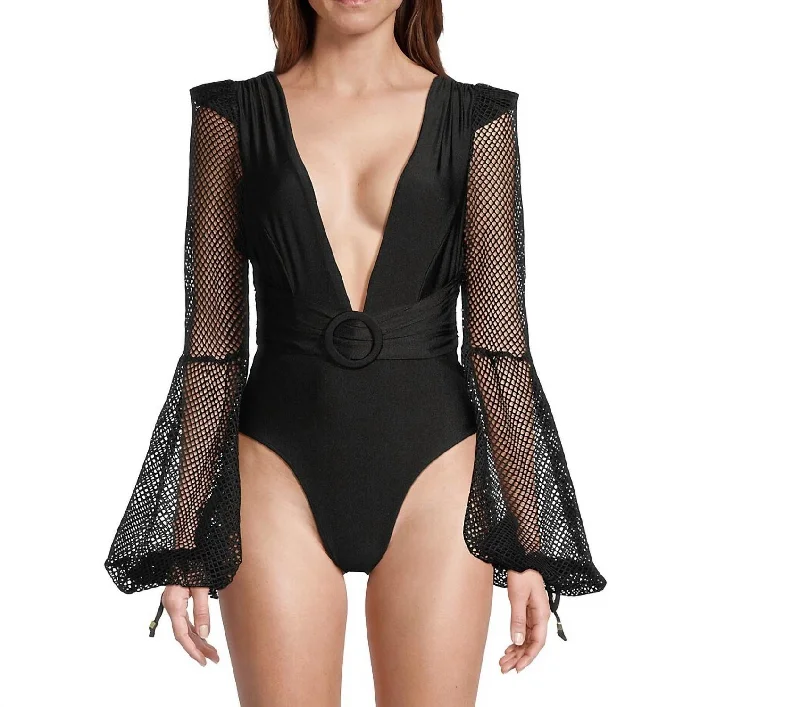 Women's Evening Apparel Plunge Fishnet-Sleeve One-Piece Swimsuit In Black