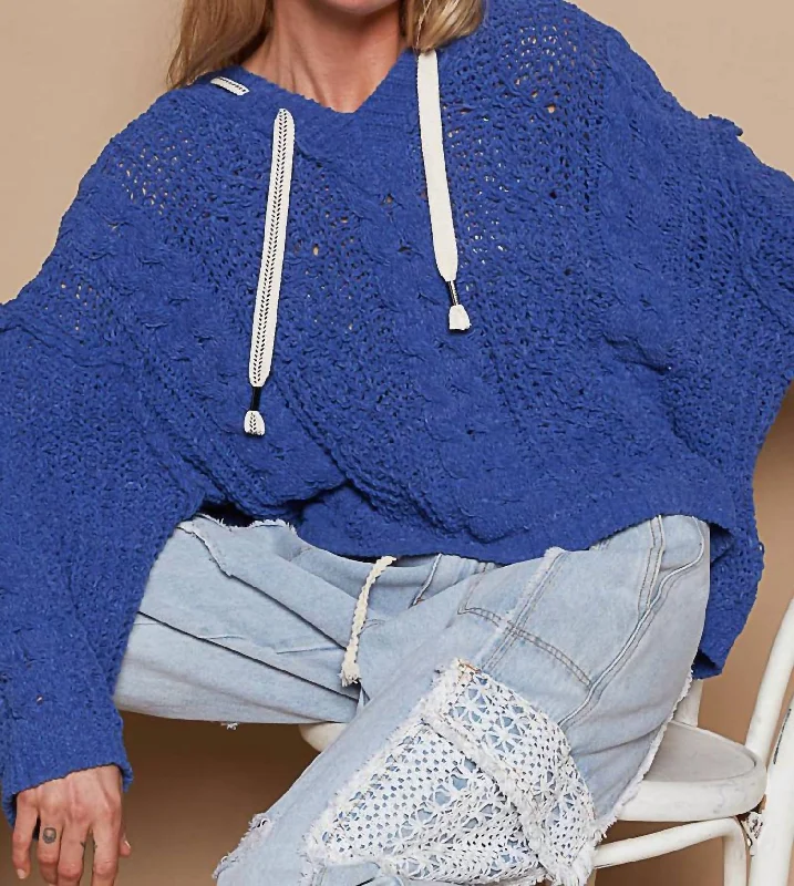 Women's Evening Garments Cable Knit Hoodie Chenille Top In Ultramarine