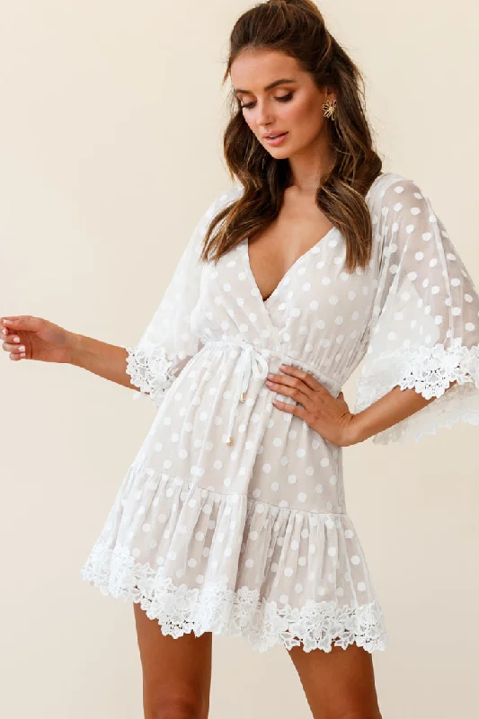 Wardrobe Refresh Dream On Flared Sleeve Lace Trim Polka Dot Mesh Dress White