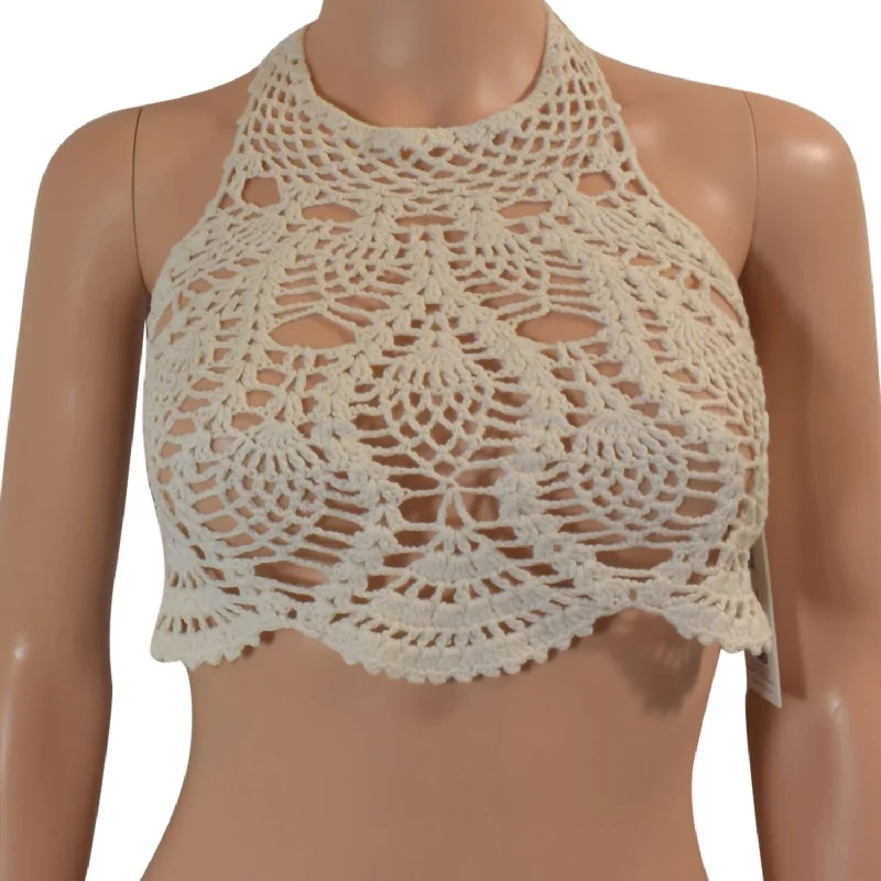 Women's Athletic Clothes Dreamweaver Halter Tie Strap Crochet Bikini Top In Ivory