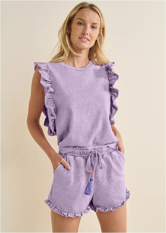 Comfortable Garments For Women Terry Ruffle Shorts Set - Purple