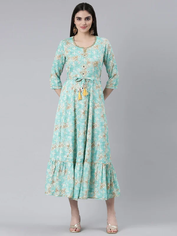 Edgy Fashion Neeru's Sea Green Straight Casual Printed Dress