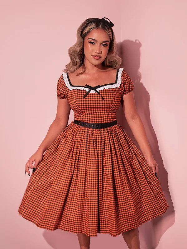 Style Versatile Women's Collection Bardot Beauty Swing Dress in Orange Pumpkin Gingham - Vixen by Micheline Pitt