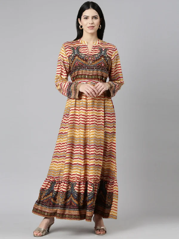 Must Haves Neeru's Mustard Straight Casual Printed Dress