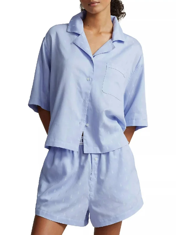 Women's Fashion Clothes Jacquard Polo Player 2-Piece Pajama Set In Blue