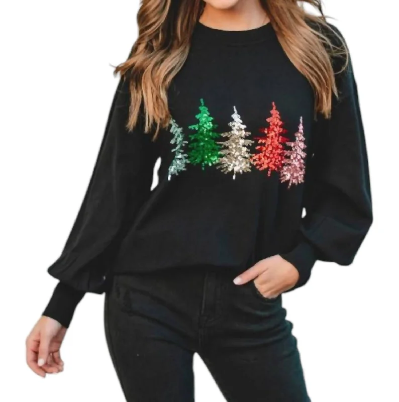 Women's Outdoor Activity Garments Sequin Christmas Tree Knit Sweater In Black