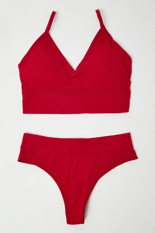 Women's Comfy Loungewear Outfit Red Seamless Lingerie Set