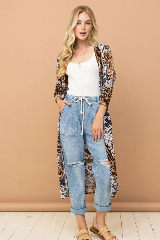 Affordable Women's Clothes Leopard Kimono Open Front Longline Cardigan