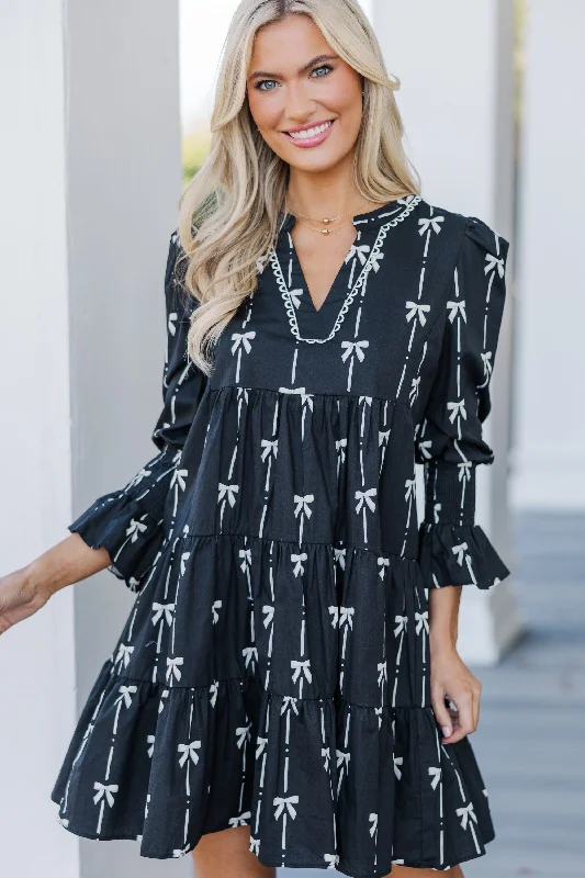 Stylish Women's Apparel In Your Happy Place Black Bow Print Dress