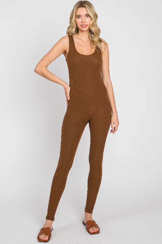 Women's Clothes For Special Occasions Brown Ribbed Bodycon Jumpsuit