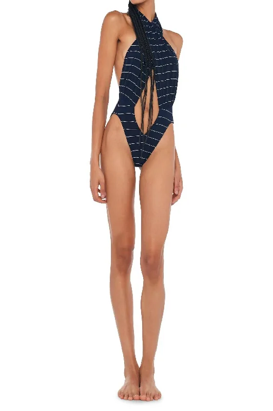 Women's Everyday Attire Cross Halter Bodysuit In Navy Pinstripe