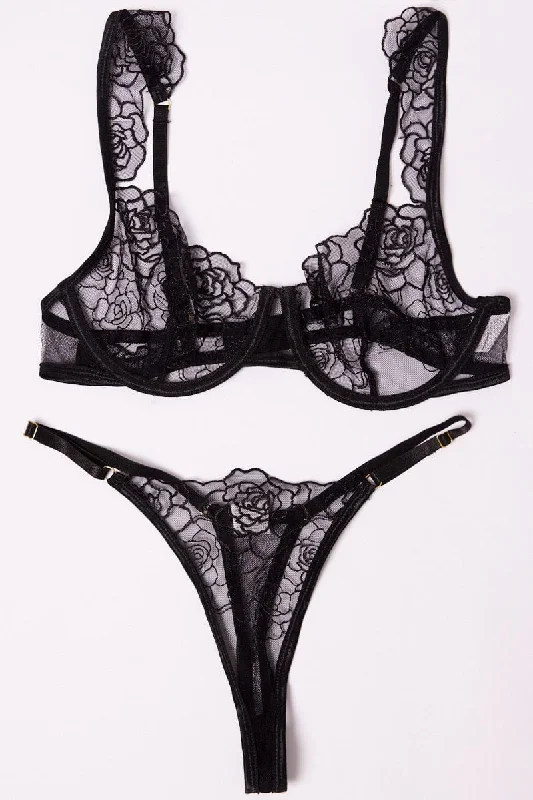 Women's Attire Black Floral Embroidery Lingerie Set