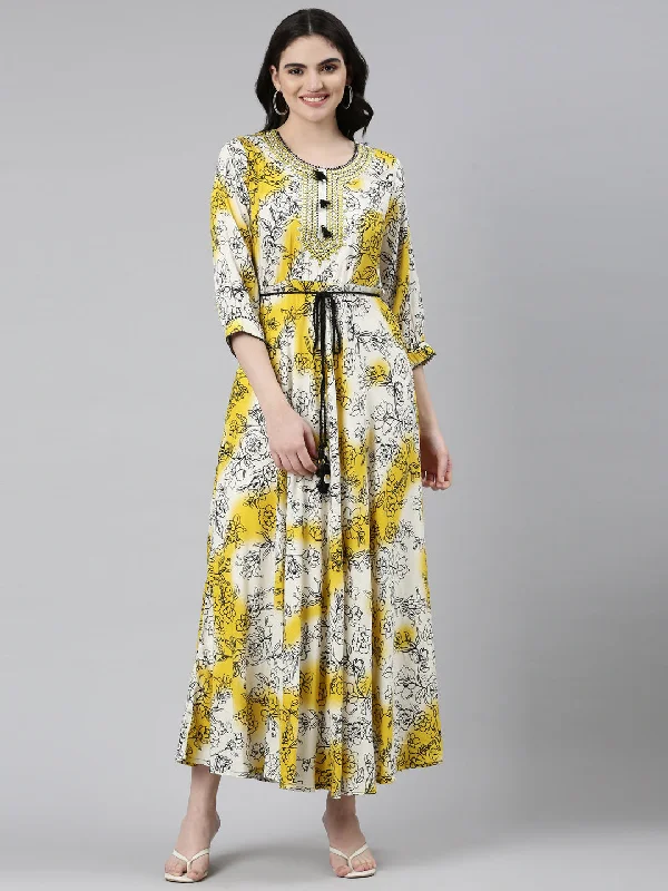 Women Wear Brands Neeru's Yellow Straight Casual Printed Dress