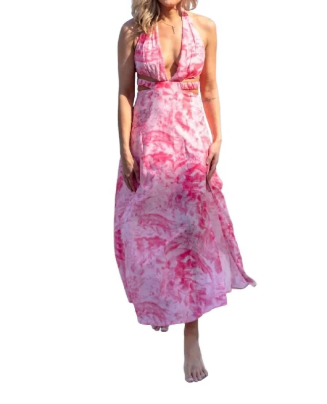 Women's Luxury Attire Acerra Pink And White Halter Dress