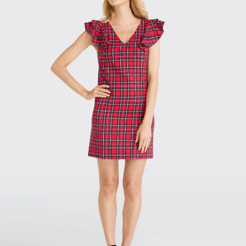 Women's Active Clothing Plaid Ruffle Shoulder Dress In Lipstick Red Multi