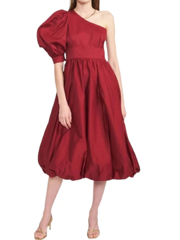 Trendy Outfits For Ladies Cotton Poplin One Shoulder Dress In Burgundy