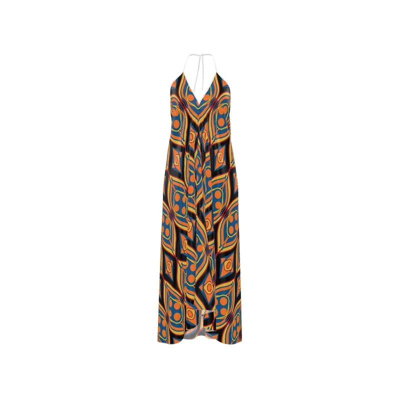 Women's Online Boutique Art Deco Series Orange Halter Dress