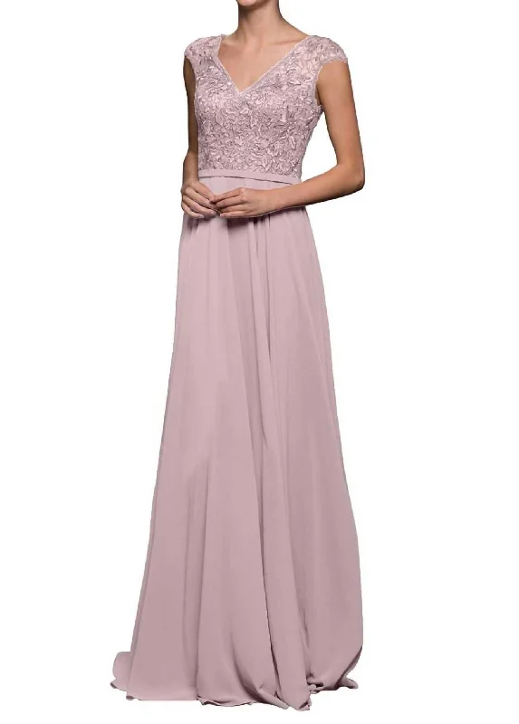 Unique Women's Fashion Pieces Embellished V-Neck Chiffon A-Line Dress In Mauve