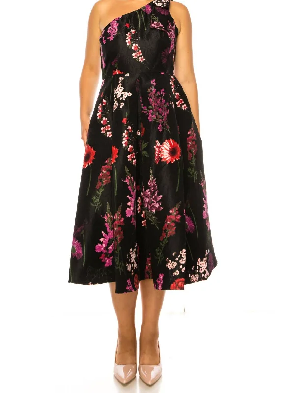 Casual Women's Clothing Floral Print One Shoulder A-Line Dress In Black Plum