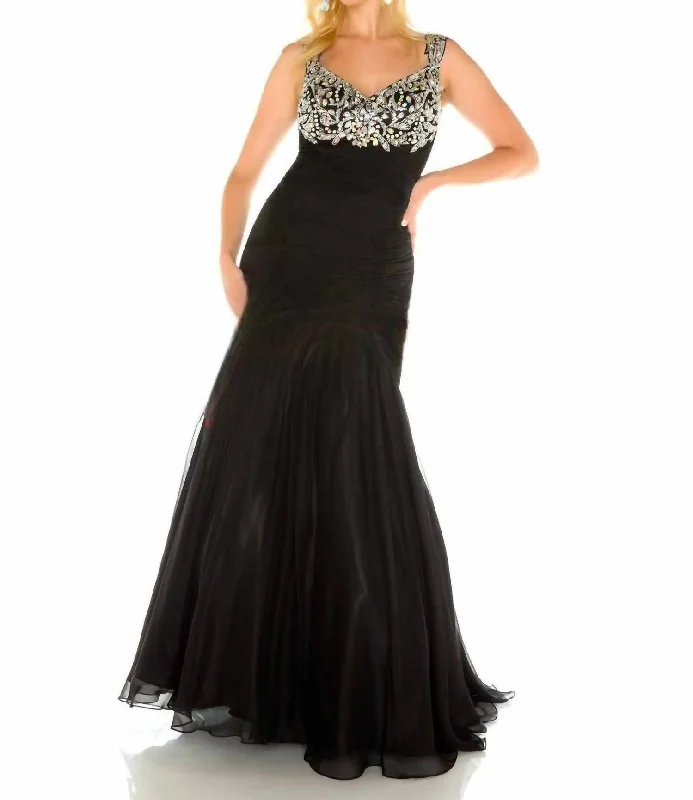 Women's Transitional Garments Beaded Ruched Bodice Mermaid Gown In Black/silver