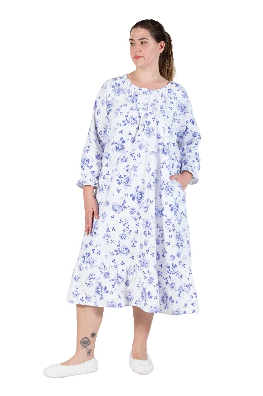 Women's Fashion Clothing La Cera Plus Size Porcelain Blue Floral Flannel Gown