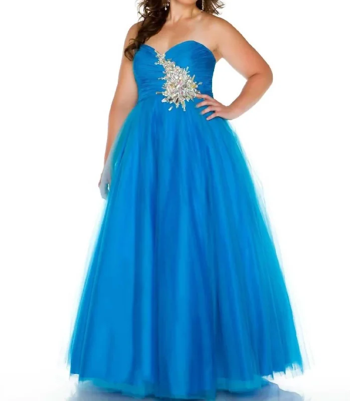 Women's Tops And Clothing Strapless Beaded Gown - Plus In Ocean