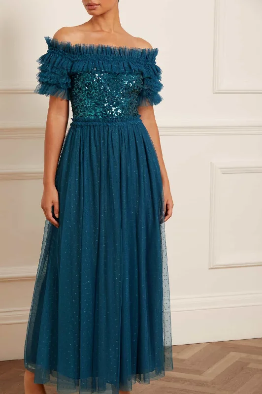 Women's Fashion-Forward Apparel Sequin Wreath Bodice Off-Shoulder Ankle Gown