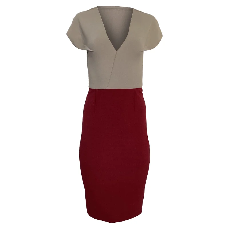 Women's Elegant Evening Outfit Roland Mouret Colorblock V-neck Dress in Beige Polyester