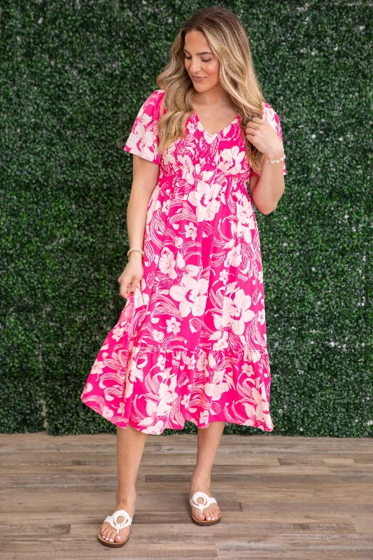 Casual Women's Clothing Pink Floral V-Neck Dress With Pockets