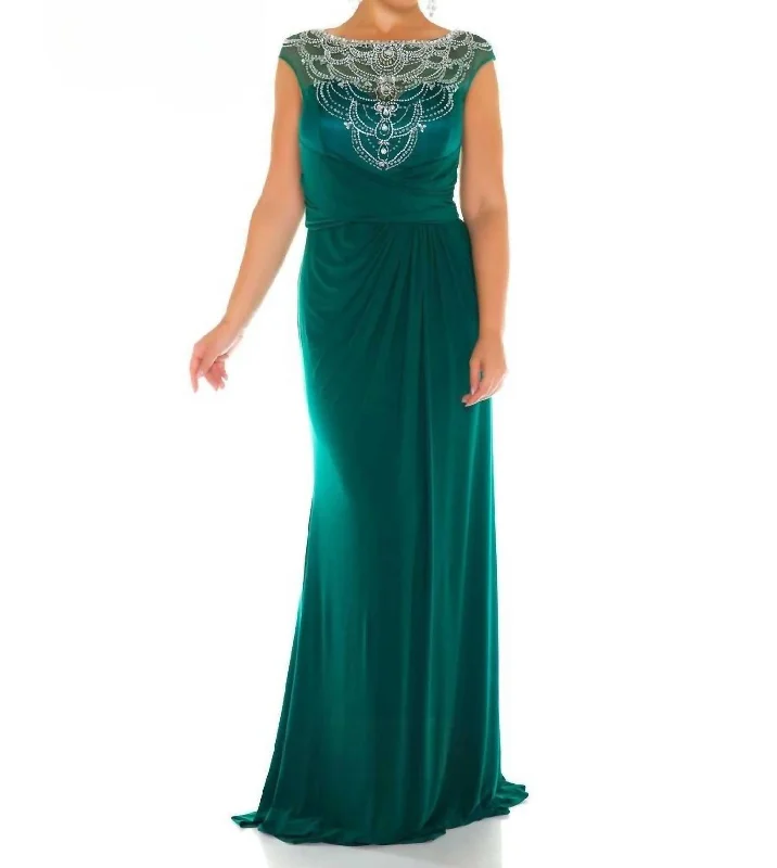 Casual Fashion Trends for Women Illusion Neck Beaded Gown - Plus In Deep Emerald