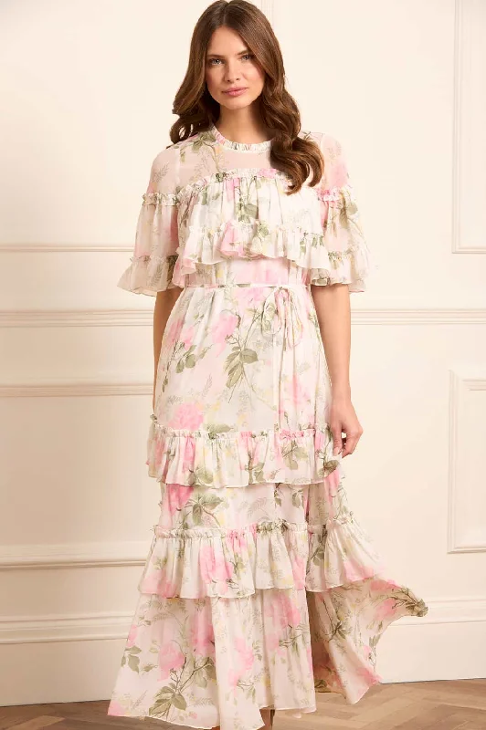 Summer Sale Rose Chiffon Tiered Cape Ankle Gown