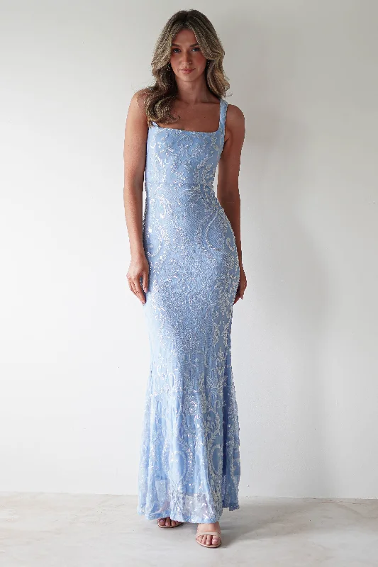 Modern Women's Apparel Halo Square Neck Sequin Maxi Gown | Blue