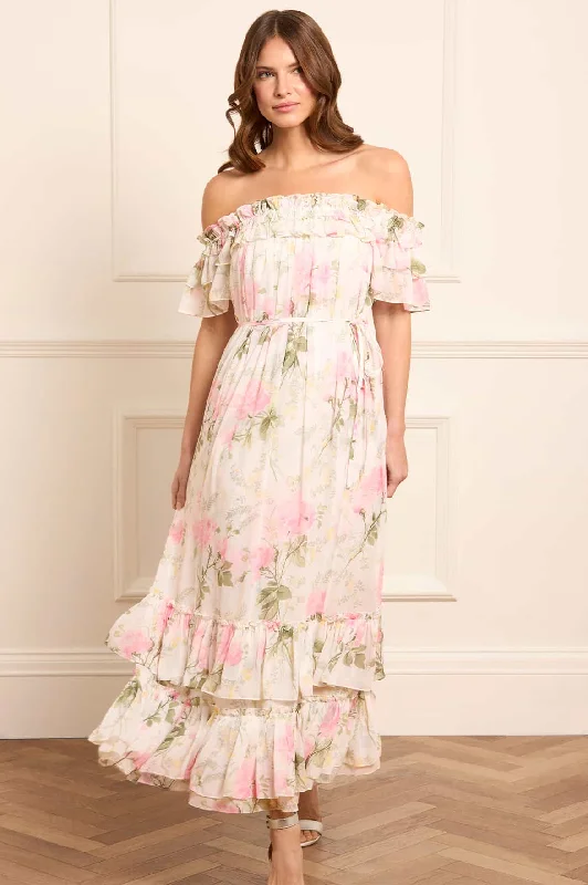 Women's Occasion Wear Clothing Rose Chiffon Off-Shoulder Ankle Gown