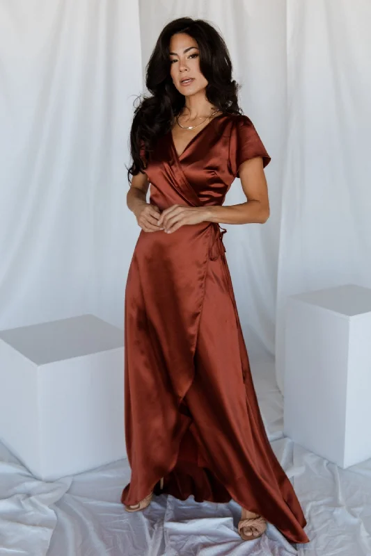 Charming Women's Outfit For Special Occasions Krystal Satin Wrap Gown | Cinnamon