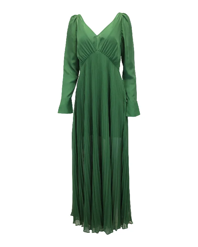 Women's Casual Wear Outfit Self-Portrait Pleated V-Neck Gown in Green Polyester