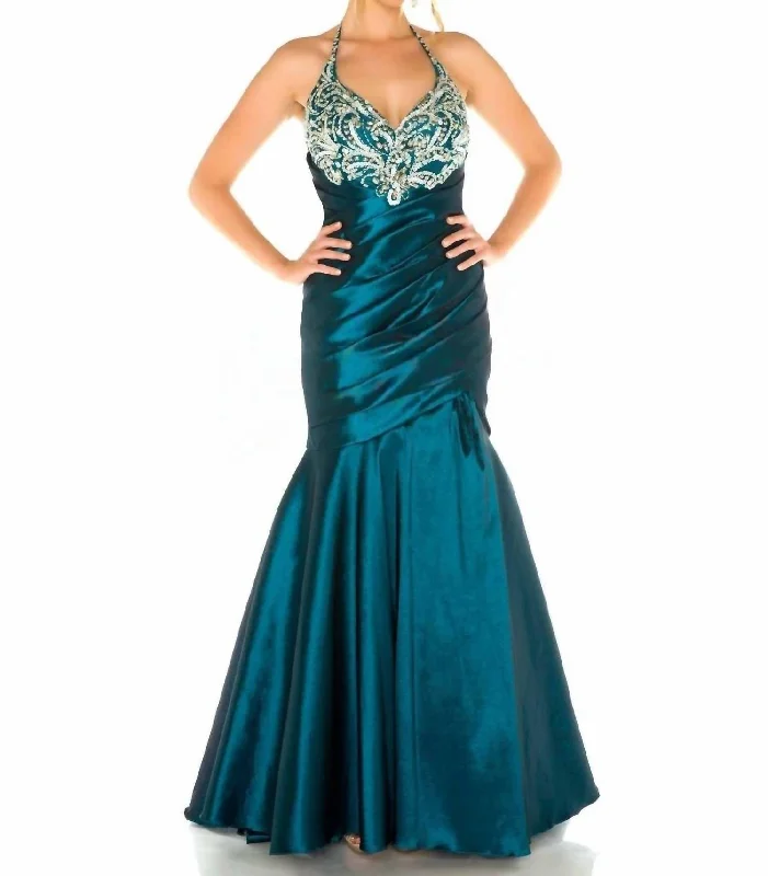 Formal Clothing For Women Halterneck Beaded Mermaid Gown In Teal