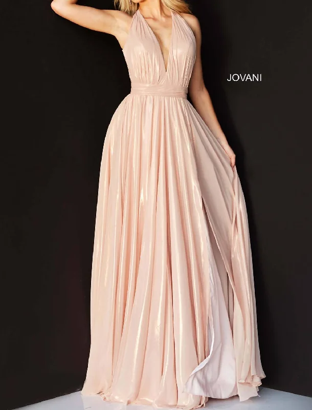 Women's Romantic Outfit Plunging Halter Cascading Panel Gown In Blush