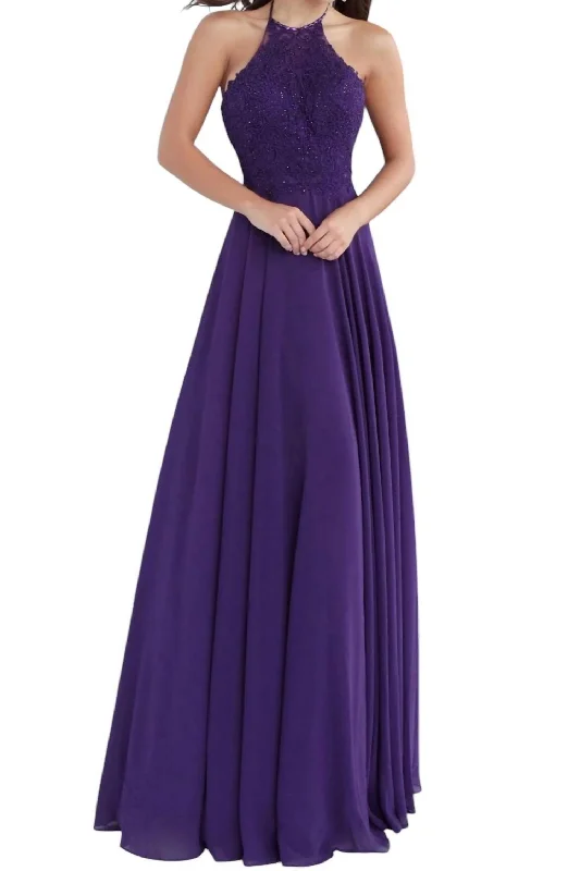 Women's Classic Attire Embroidered Halter Neck A-Line Dress In Purple