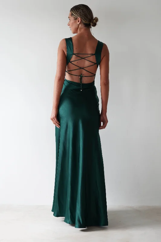 Women's Chic Outfit Riviera Soft Satin Maxi Gown | Forest Green