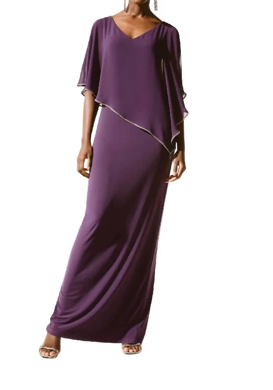 Women Clothing Silky Knit Chiffon Layered Gown In Black Currant