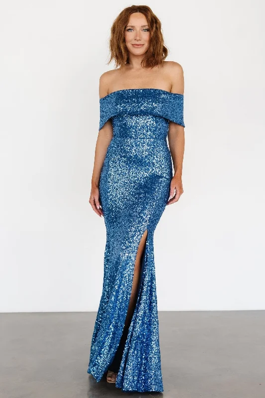 Women Online Clothing Boutiques Yvonne Off Shoulder Sequin Gown | Blue