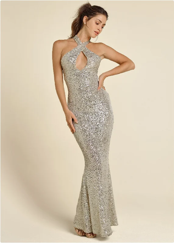 Outfits Ideas Sequin Keyhole Gown  - Champagne