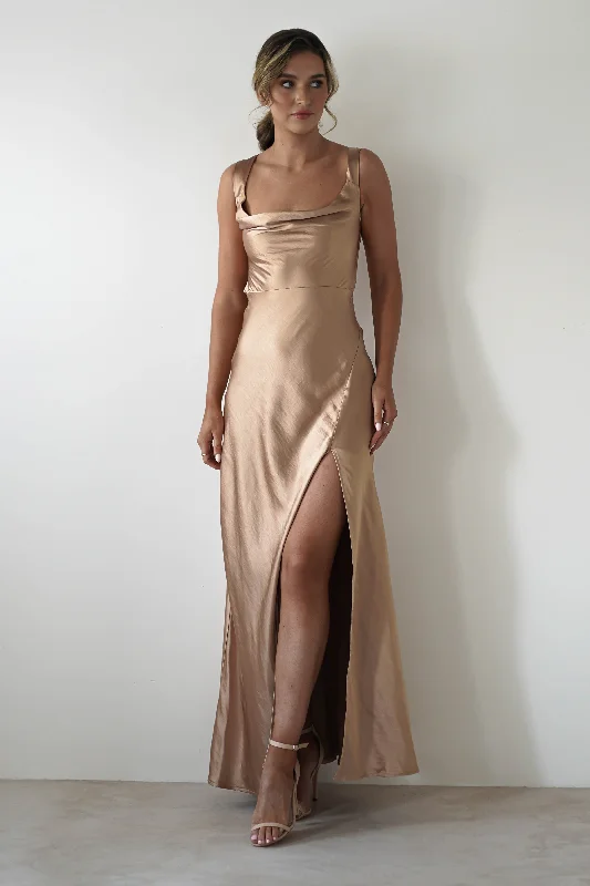 New Arrival Discounts Riviera Soft Satin Maxi Gown | Gold/Bronze