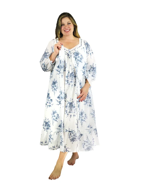 Women's Elegant Evening Outfit Plus Size 100% Cotton Lace Trim Flounce Robe Gown- Blue and White Floral Print