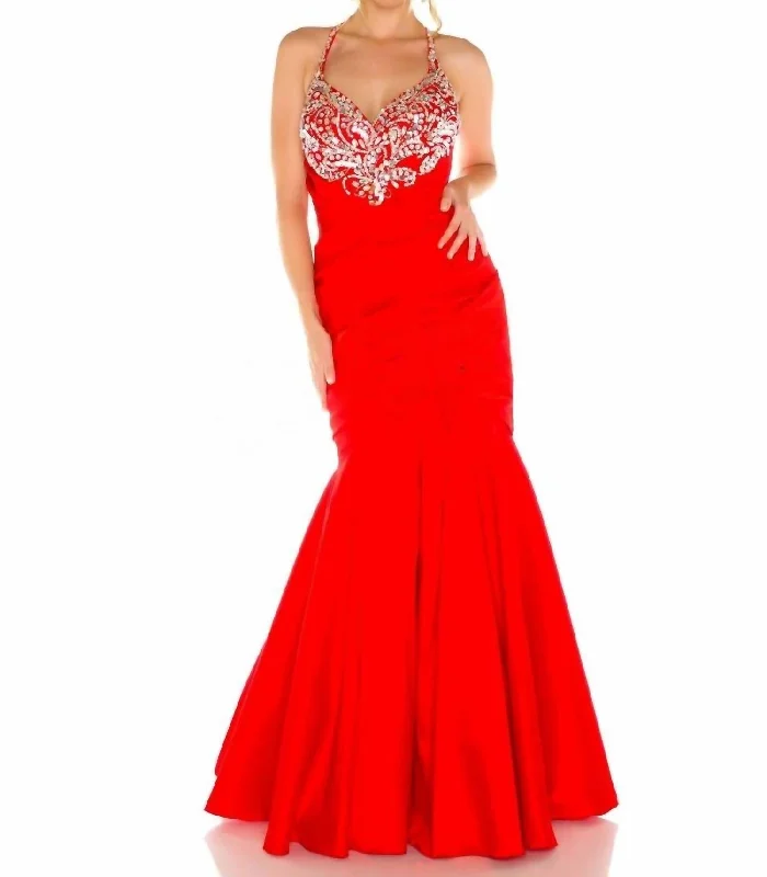 Women's Clothes For Outdoor Events Halterneck Beaded Mermaid Gown In Red