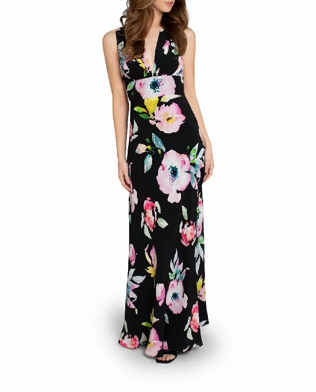 Women's High-Fashion Outfit Silk Plunge Open Back Gown In La Fleur