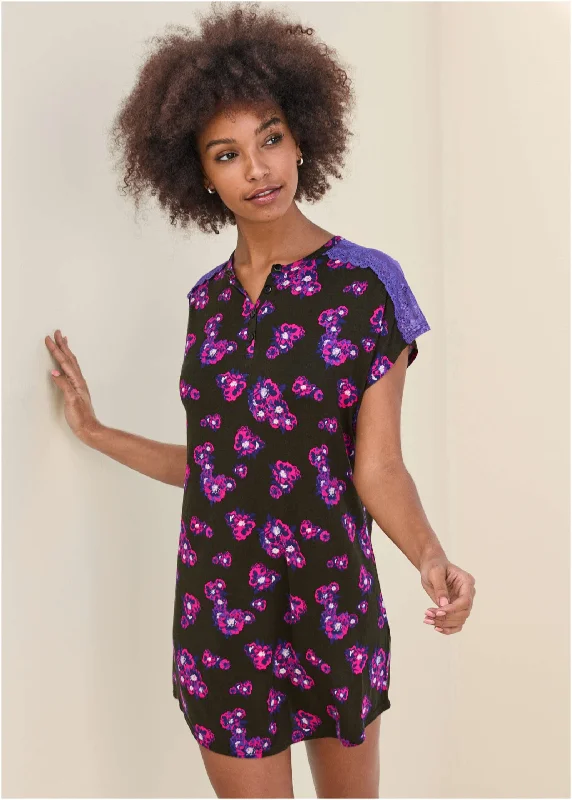 Women's Travel Outfit Set Lace Detail Nightgown - Purple Bloom