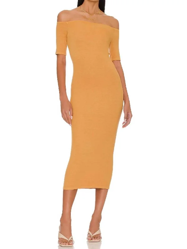 Women's Evening Outfit Stretch Silk Knit Half Sleeve Off-Shoulder Dress In Honey