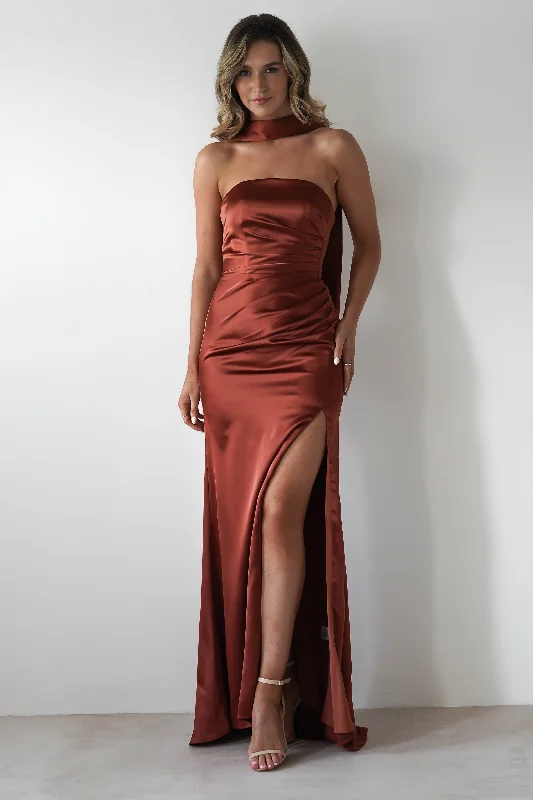 Timeless Women's Apparel Melanie Soft Satin Maxi Gown | Rust