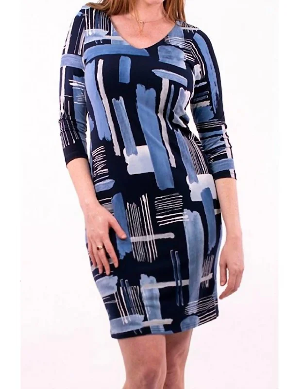 Easygoing Women's Style Abstract Painted V-Neck Dress In Blue Multi